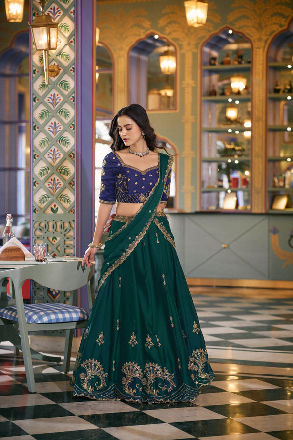 Bottle Green Embroidered Rangoli Silk Lehenga Choli Set with Matching Dupatta