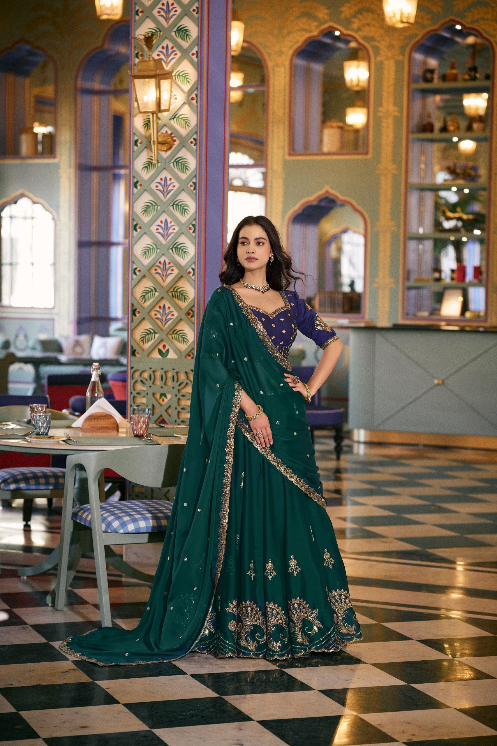 Bottle Green Embroidered Rangoli Silk Lehenga Choli Set with Matching Dupatta