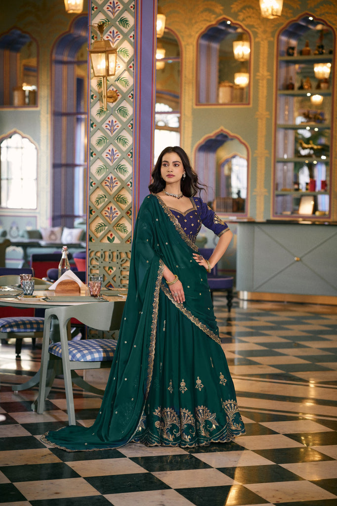 Bottle Green Embroidered Rangoli Silk Lehenga Choli Set with Matching Dupatta