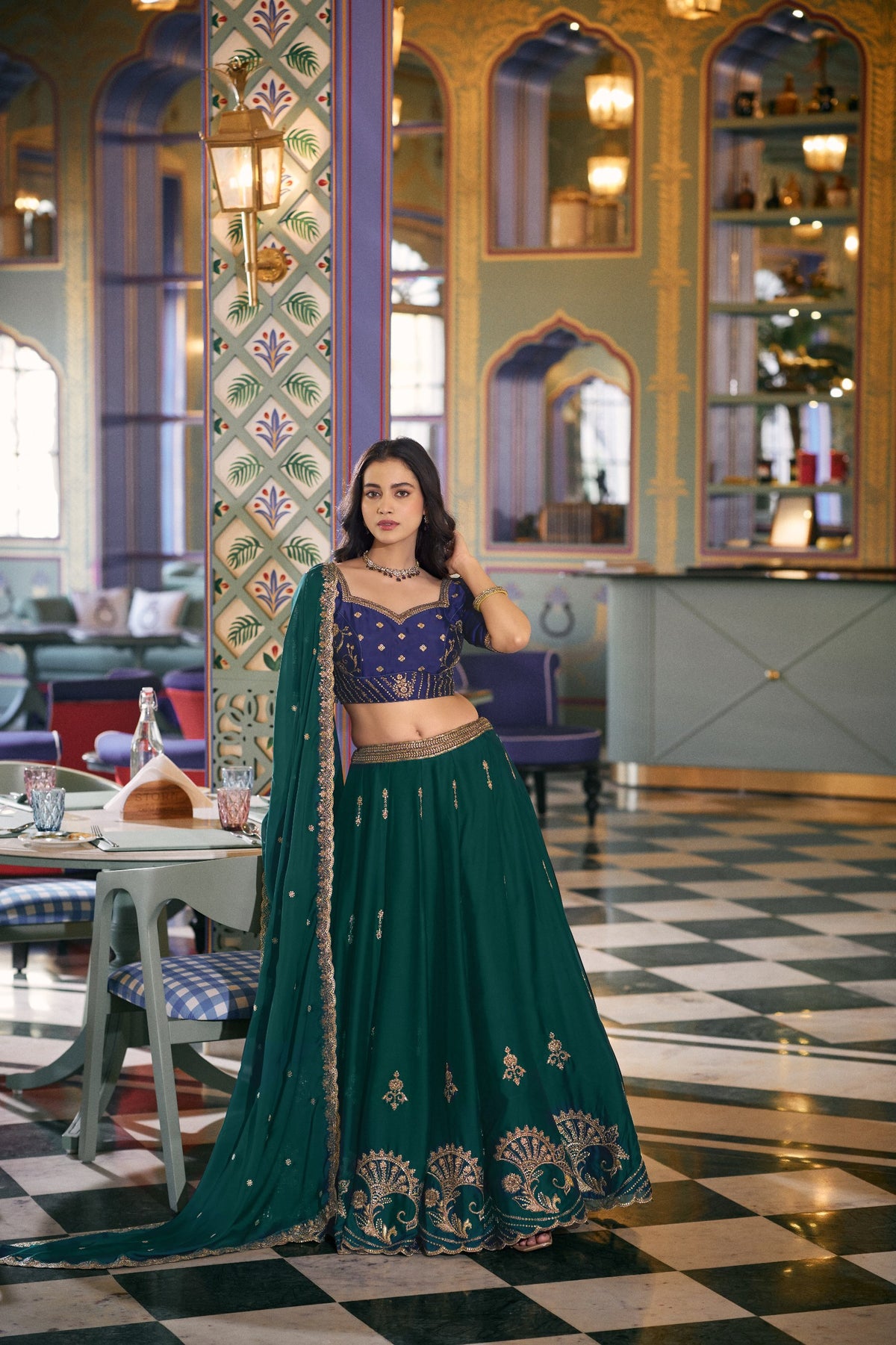 Bottle Green Embroidered Rangoli Silk Lehenga Choli Set with Matching Dupatta
