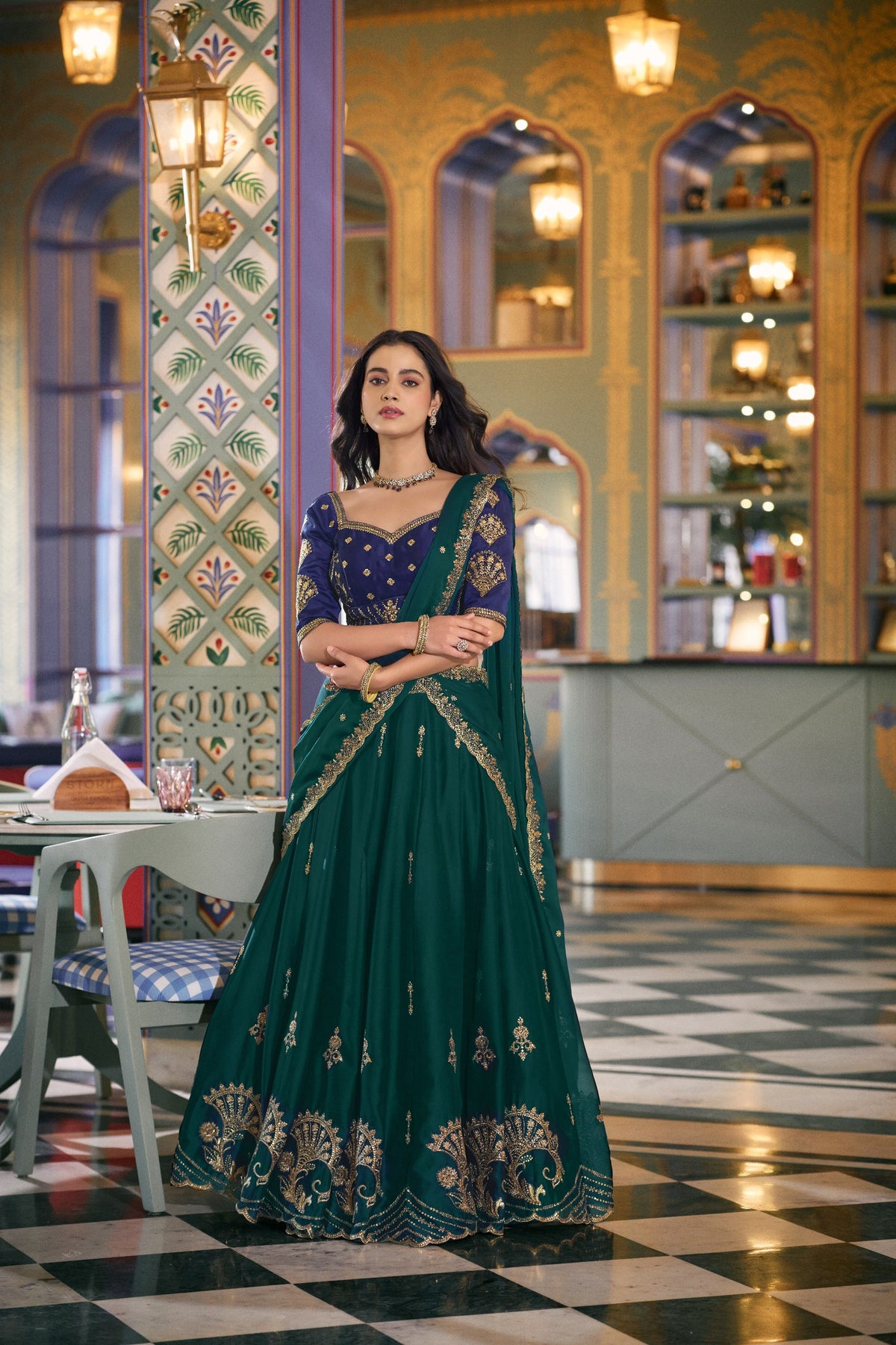 Bottle Green Embroidered Rangoli Silk Lehenga Choli Set with Matching Dupatta