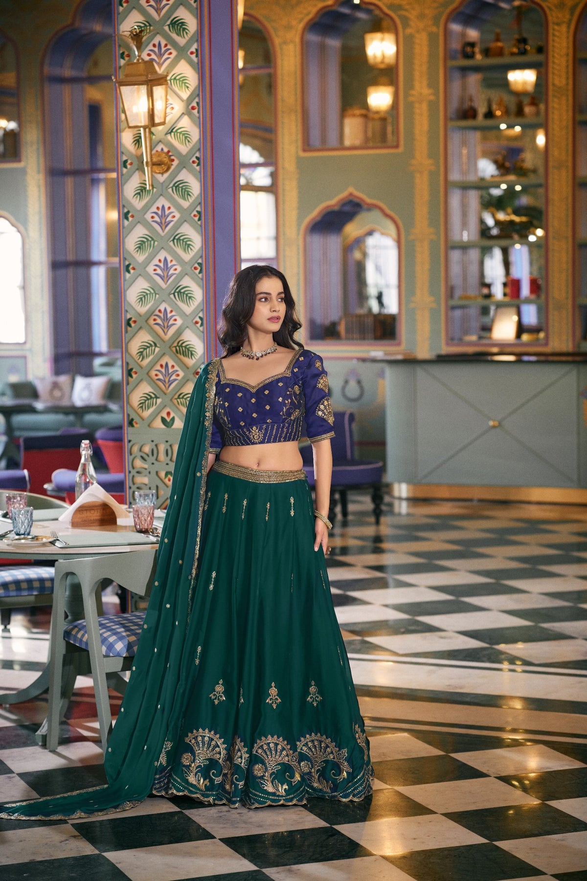 Bottle Green Embroidered Rangoli Silk Lehenga Choli Set with Matching Dupatta