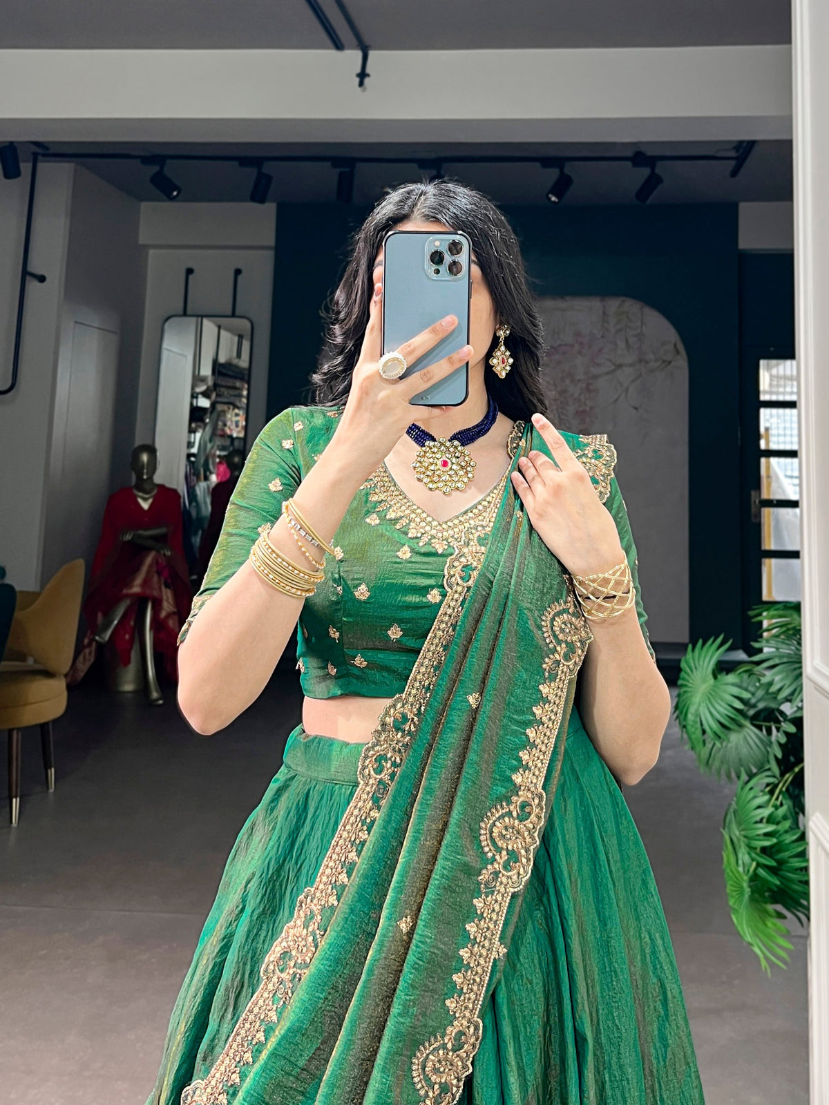 Dark Green NC Silk Lehenga Choli Set with Embroidered Dupatta