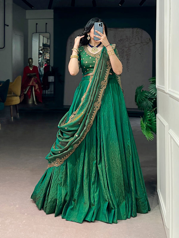Dark Green NC Silk Lehenga Choli Set with Embroidered Dupatta