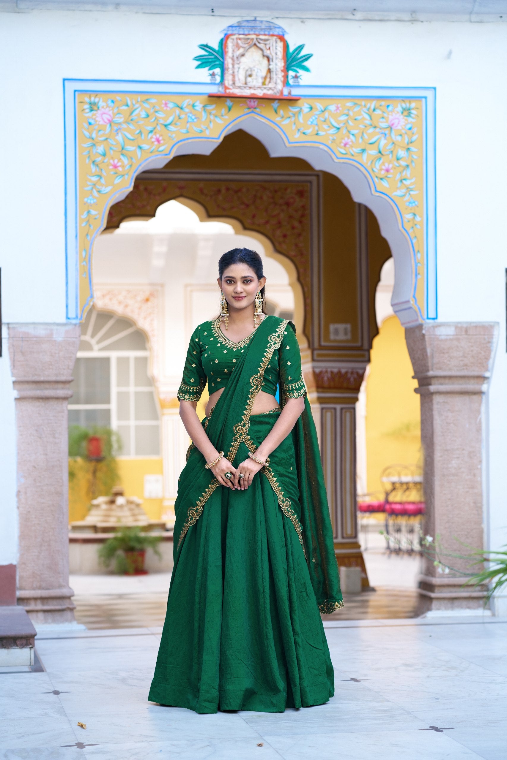 Dark Green NC Silk Lehenga Choli Set with Embroidered Blouse Fabric