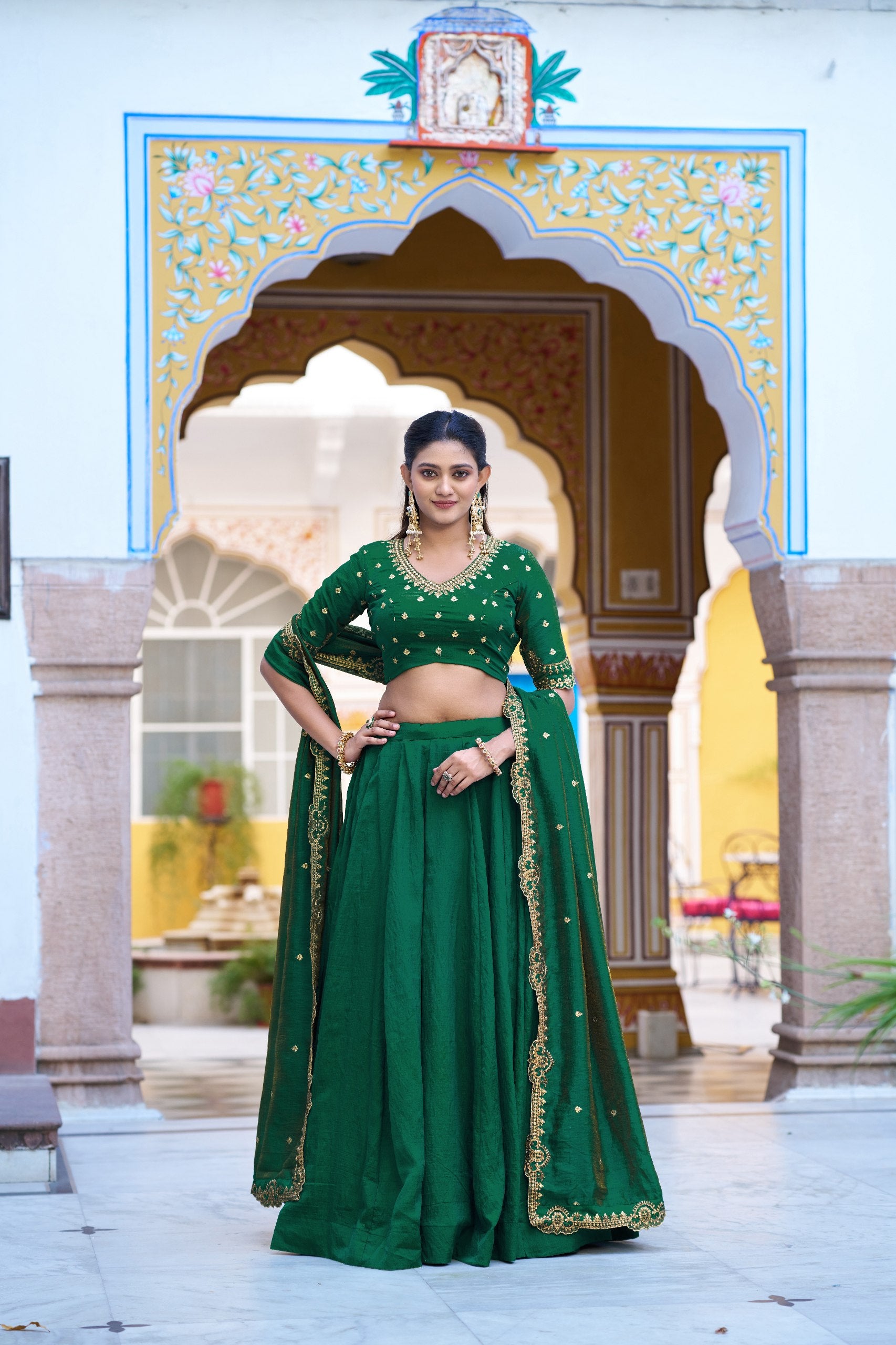 Dark Green NC Silk Lehenga Choli Set with Embroidered Blouse Fabric