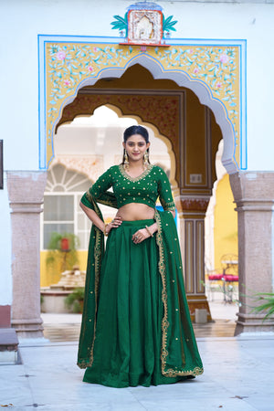 Dark Green NC Silk Lehenga Choli Set with Embroidered Blouse Fabric