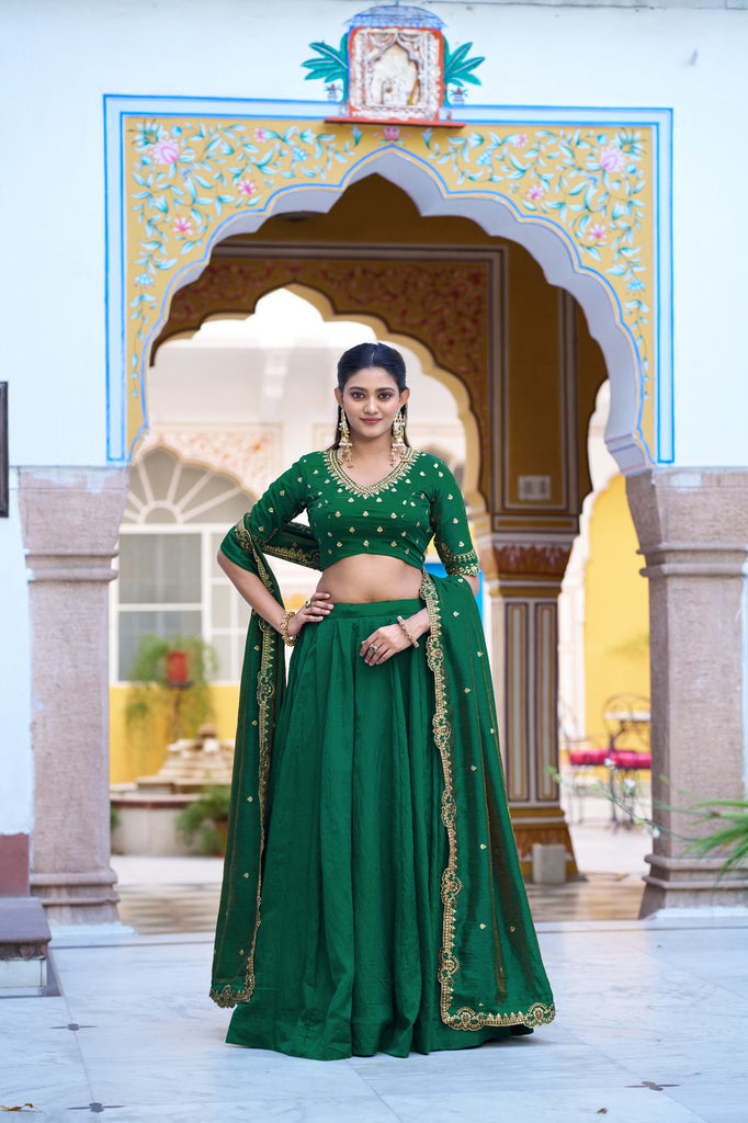 Dark Green NC Silk Lehenga Choli Set with Embroidered Blouse Fabric