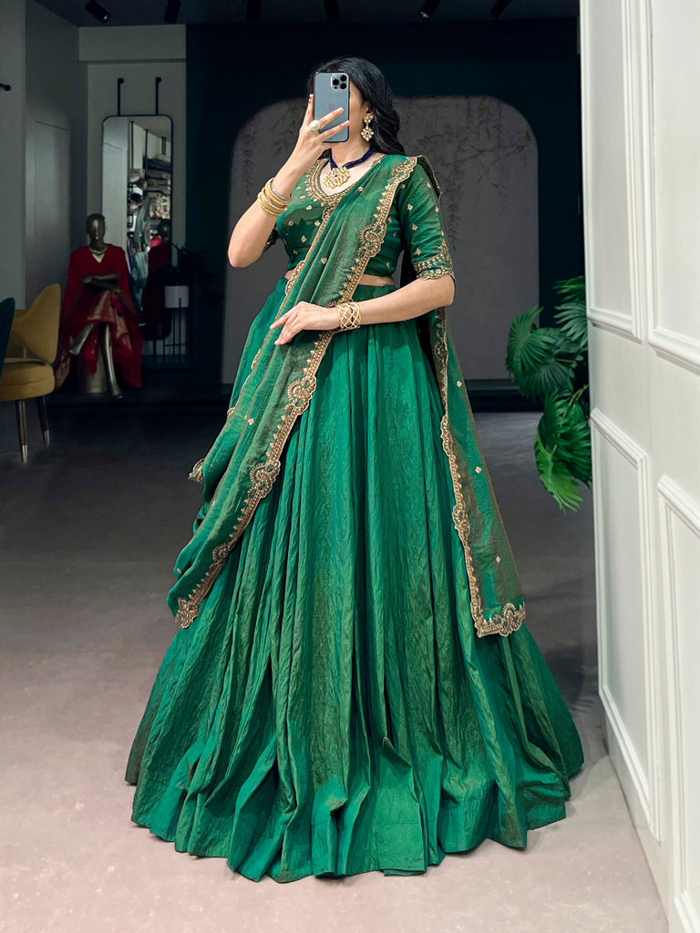 Dark Green NC Silk Lehenga Choli Set with Embroidered Dupatta
