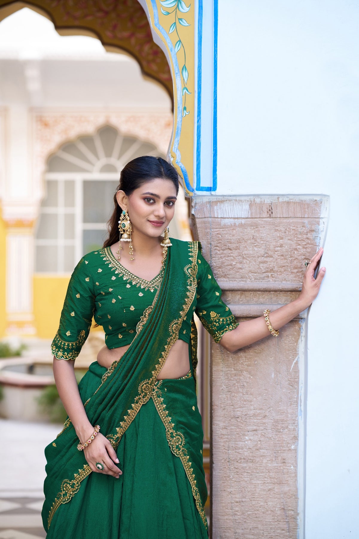 Dark Green NC Silk Lehenga Choli Set with Embroidered Blouse Fabric