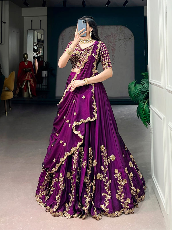 Dark Purple Floral Embroidered Rangoli Silk Lehenga Choli Set
