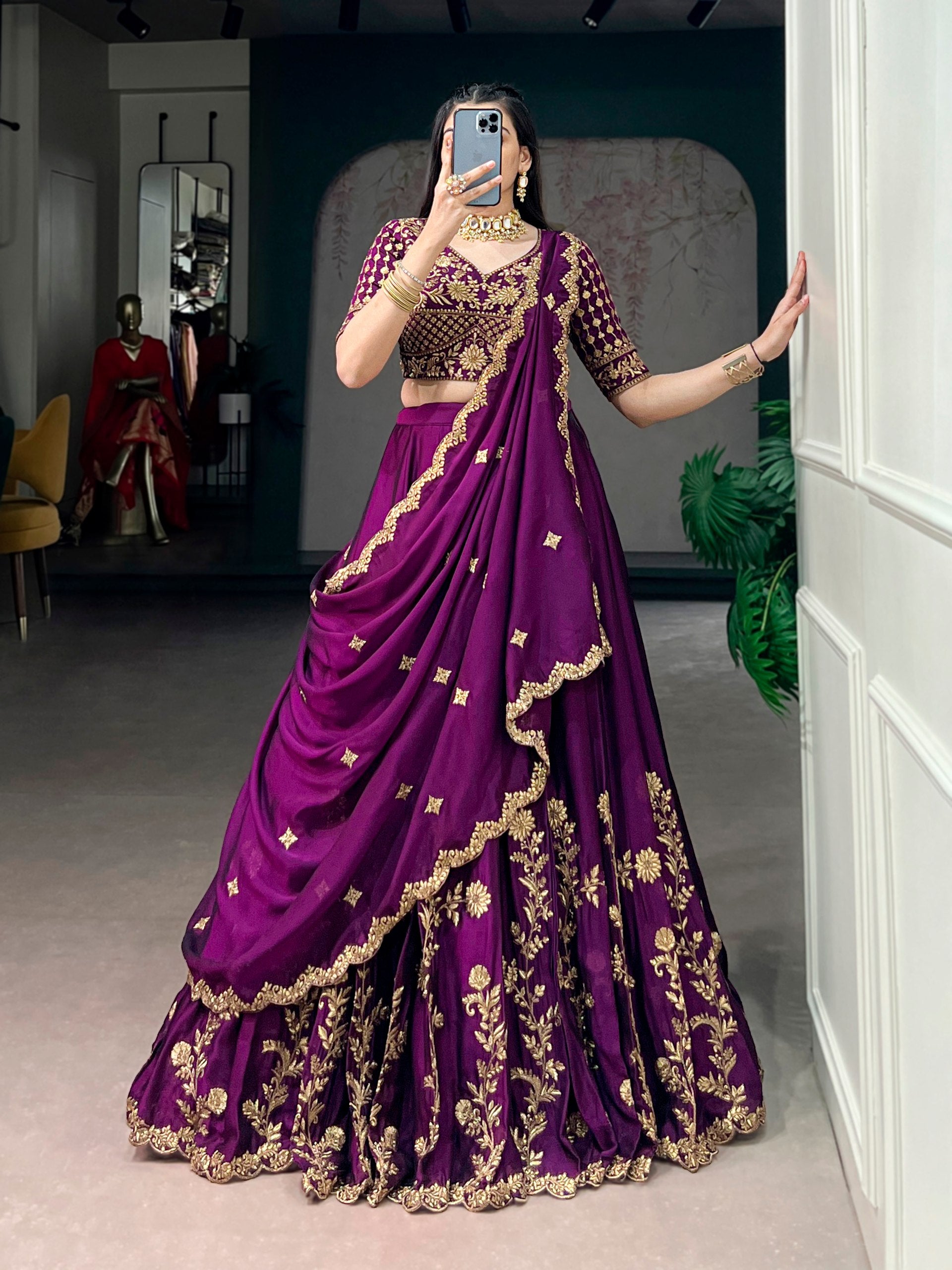 Dark Purple Floral Embroidered Rangoli Silk Lehenga Choli Set