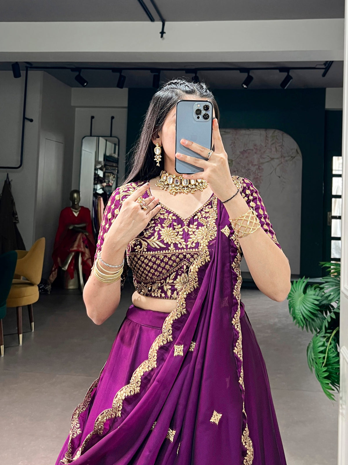 Dark Purple Floral Embroidered Rangoli Silk Lehenga Choli Set