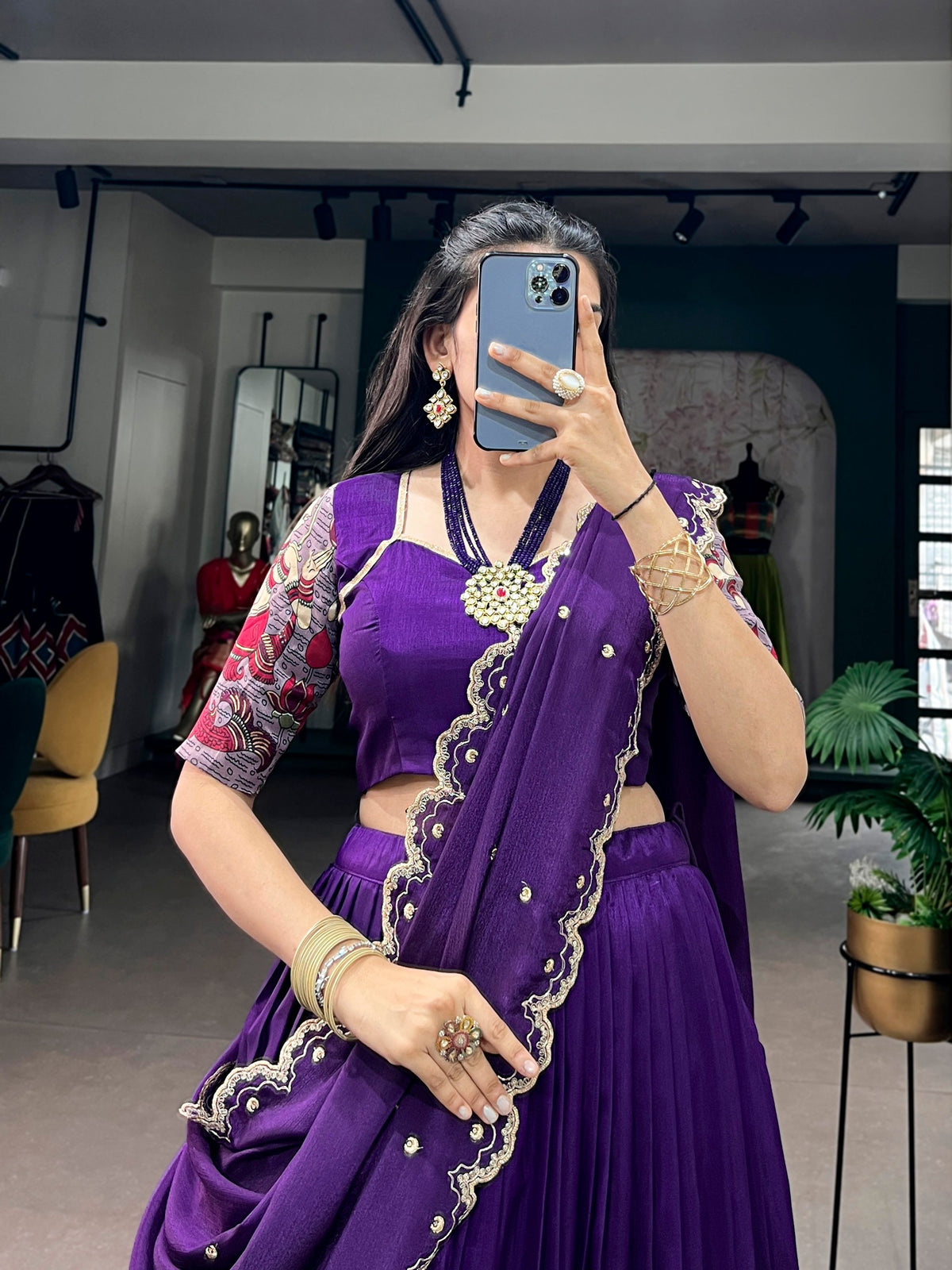 Dark Purple Kalamkari Printed Tasar Silk Lehenga Choli Set with Embroidered Chinon Dupatta