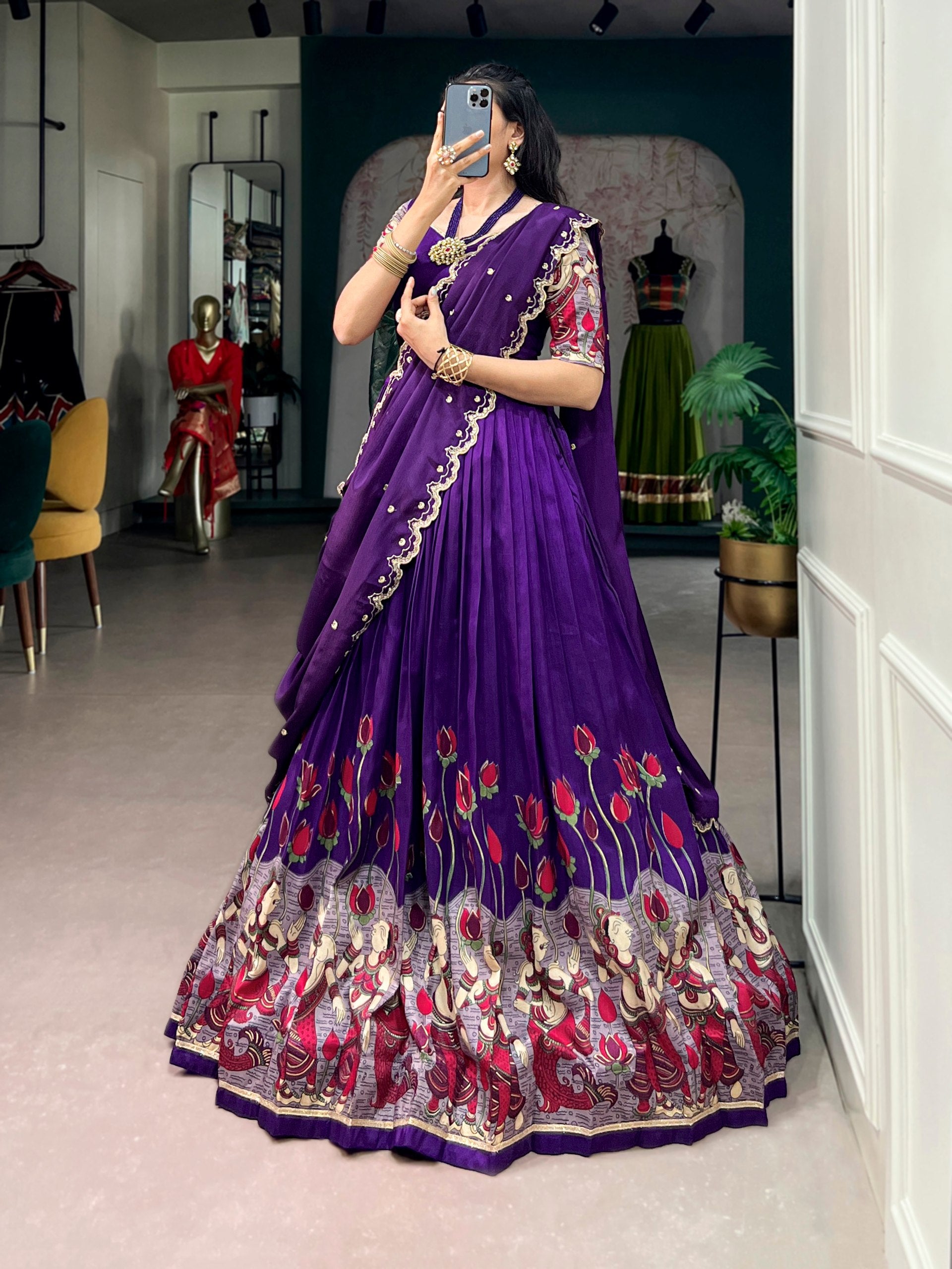 Dark Purple Kalamkari Printed Tasar Silk Lehenga Choli Set with Embroidered Chinon Dupatta