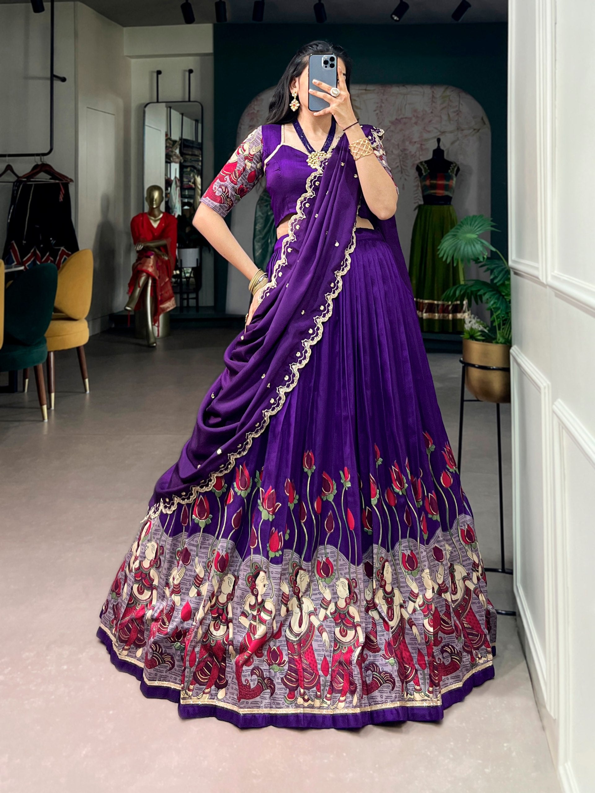 Dark Purple Kalamkari Printed Tasar Silk Lehenga Choli Set with Embroidered Chinon Dupatta