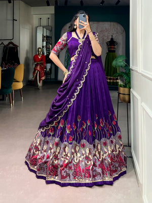 Dark Purple Kalamkari Printed Tasar Silk Lehenga Choli Set with Embroidered Chinon Dupatta