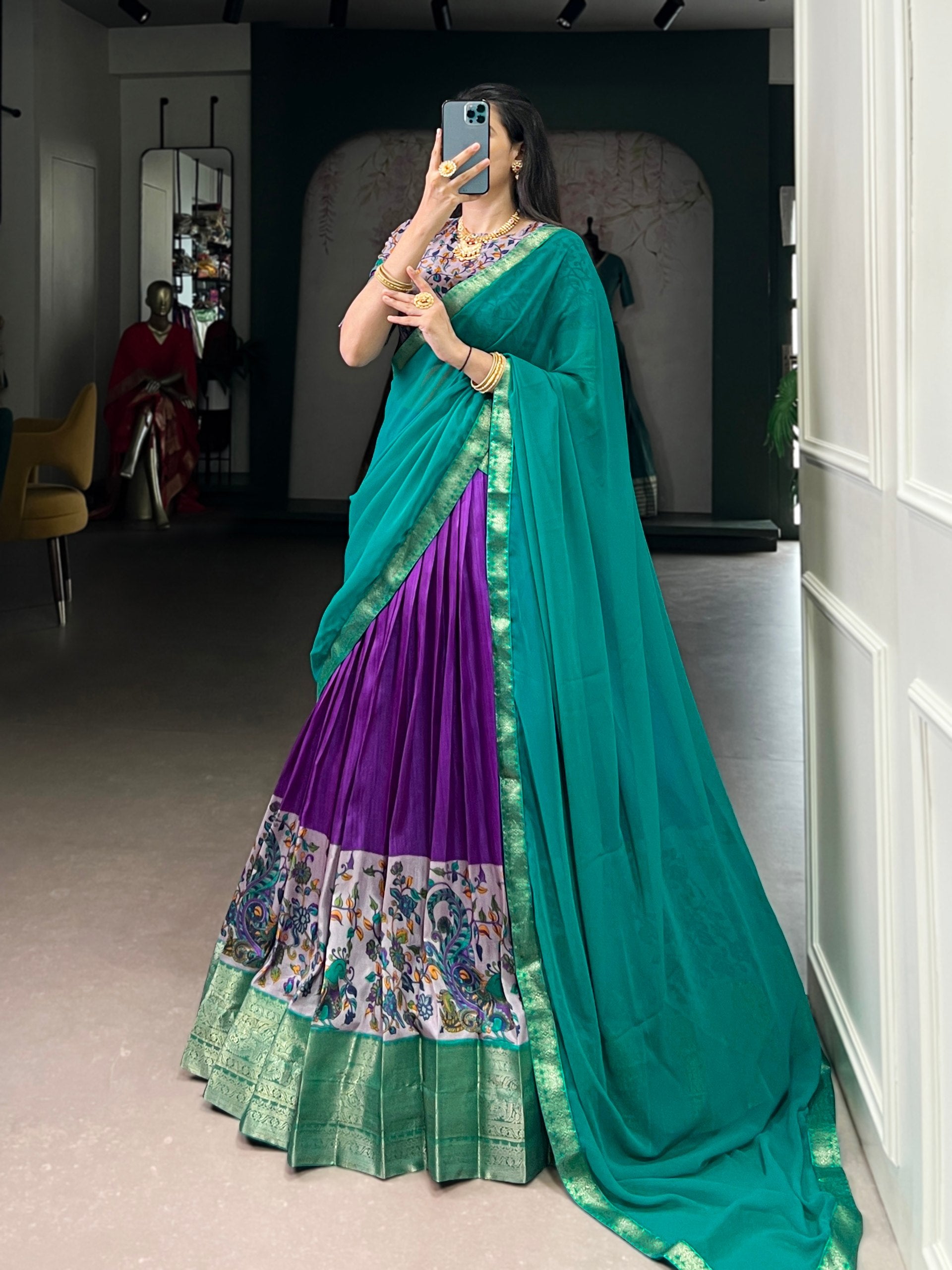 Dark Purple Print Aastha Silk Lehenga Choli Set with Teal Dupatta