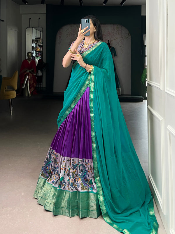 Dark Purple Print Aastha Silk Lehenga Choli Set with Teal Dupatta