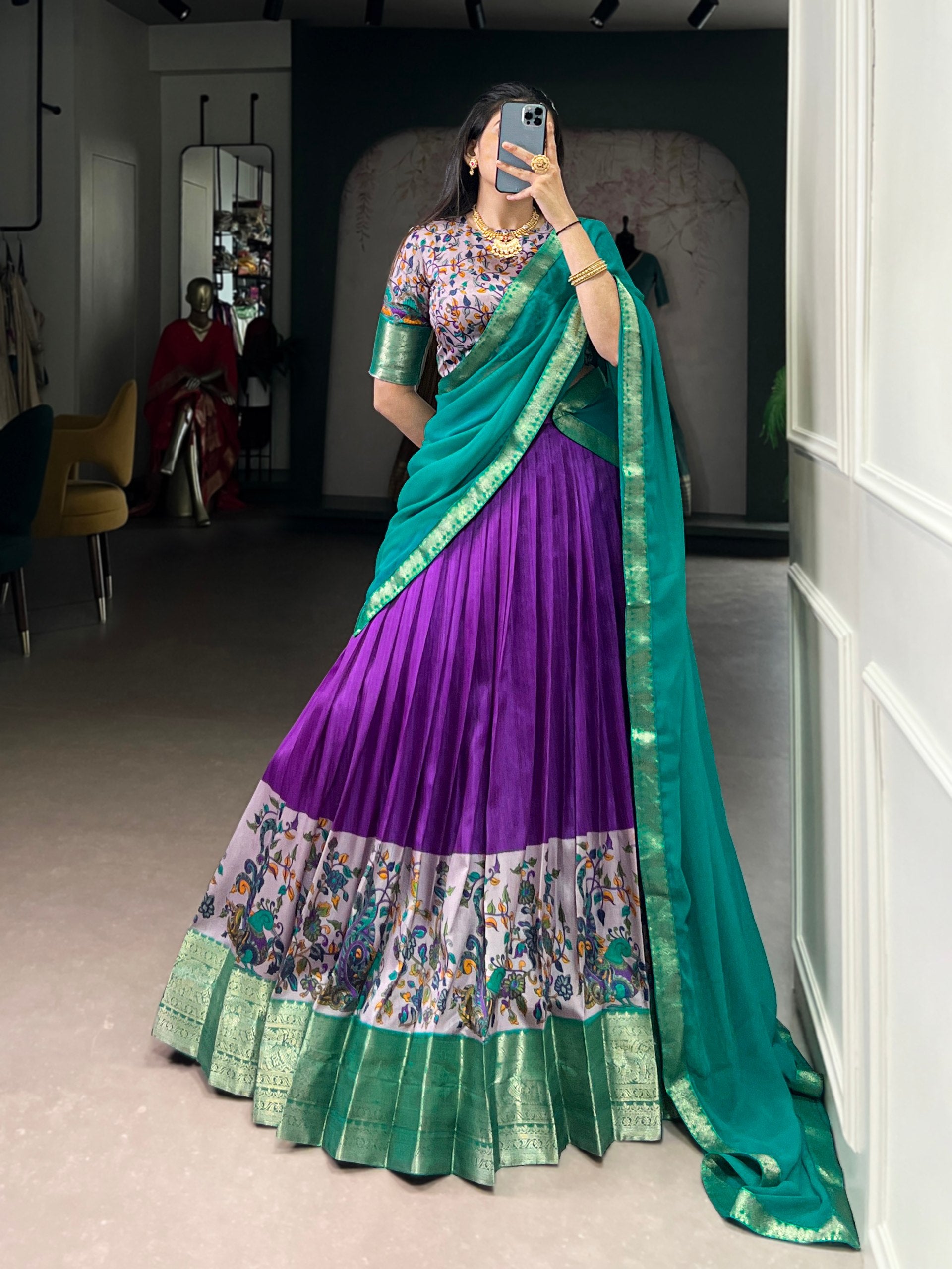 Dark Purple Print Aastha Silk Lehenga Choli Set with Teal Dupatta