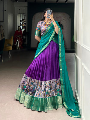 Dark Purple Print Aastha Silk Lehenga Choli Set with Teal Dupatta