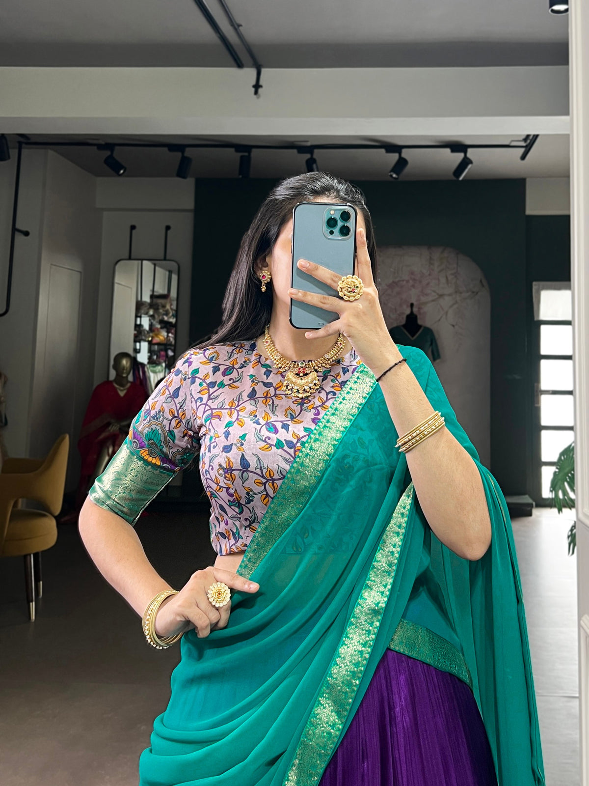 Dark Purple Print Aastha Silk Lehenga Choli Set with Teal Dupatta
