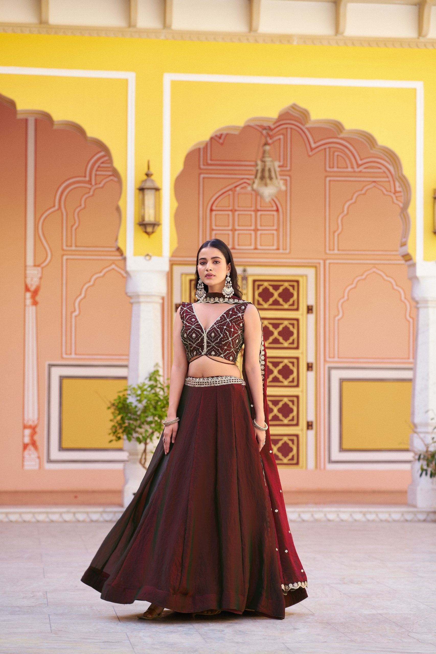 Deep Wine Sequin Embroidered Fendi Silk Lehenga Choli Set