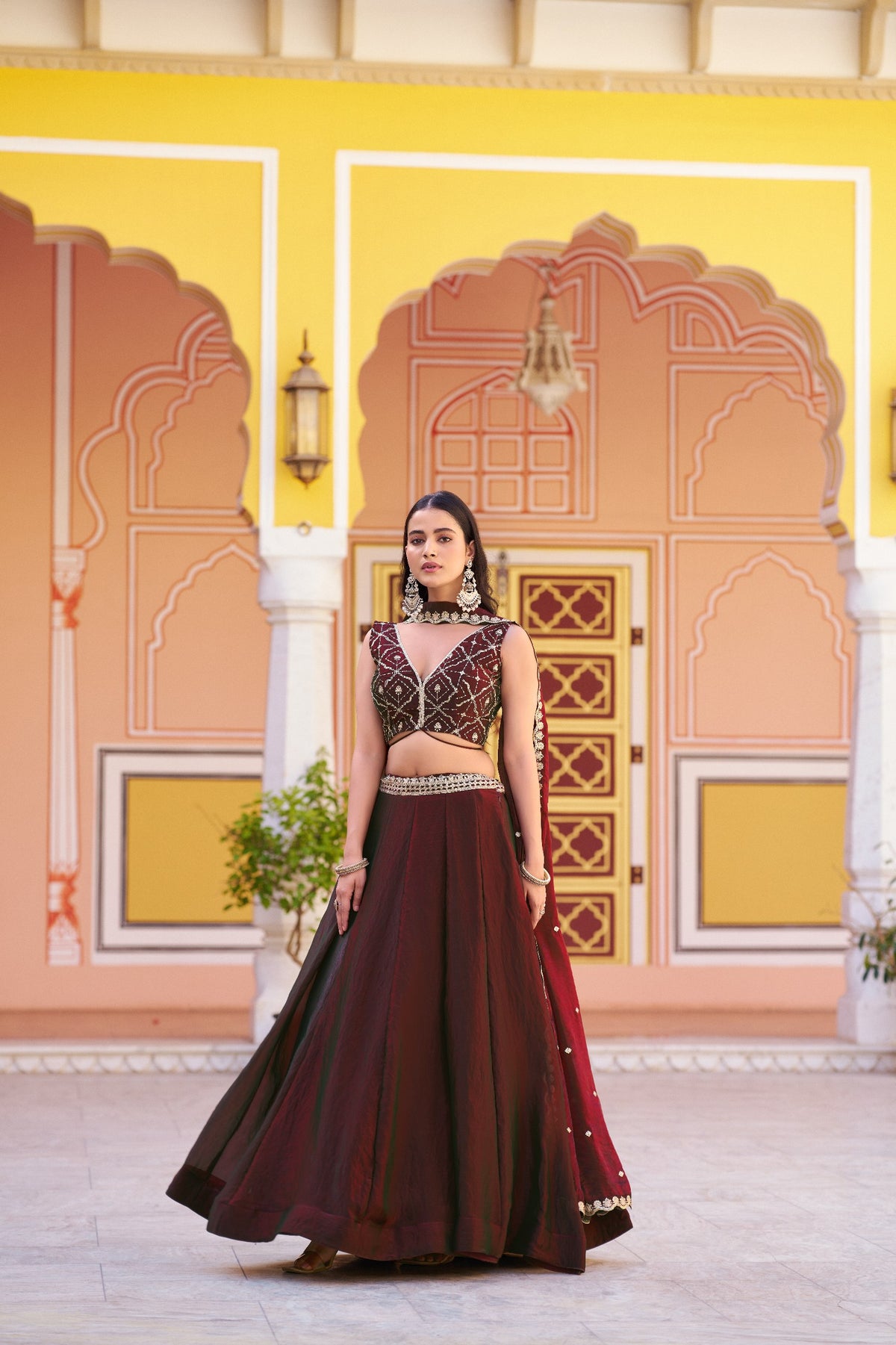 Deep Wine Sequin Embroidered Fendi Silk Lehenga Choli Set