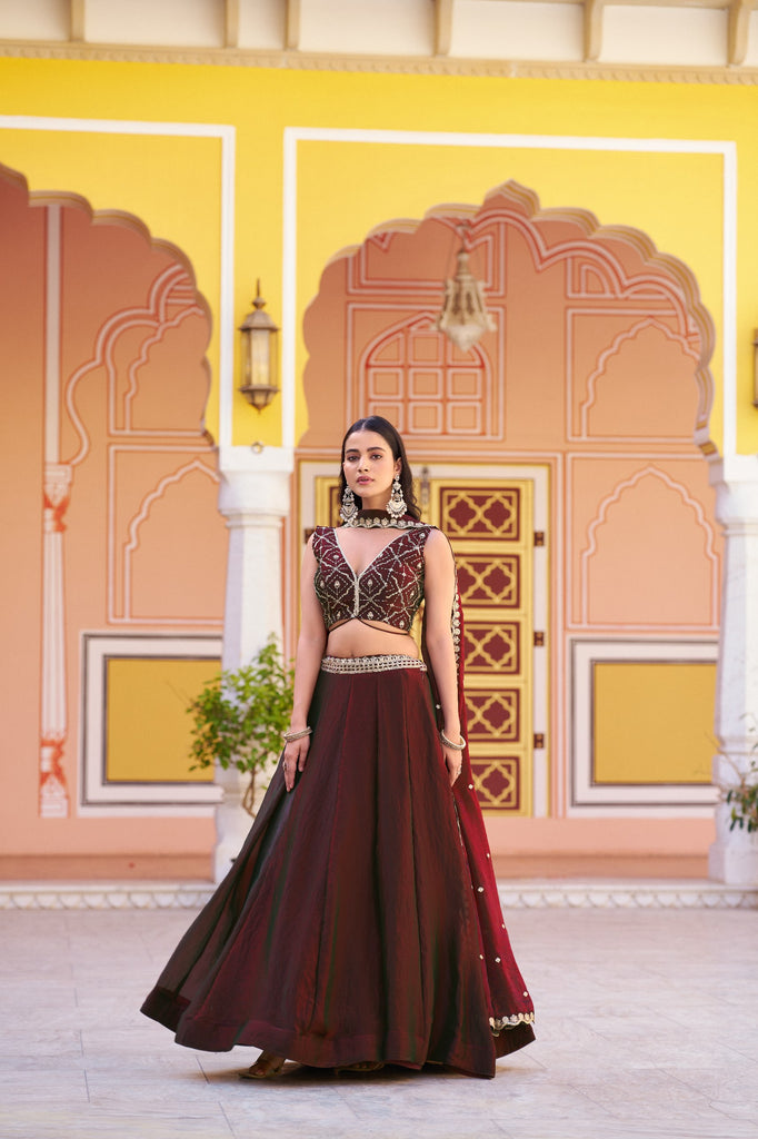 Deep Wine Sequin Embroidered Fendi Silk Lehenga Choli Set