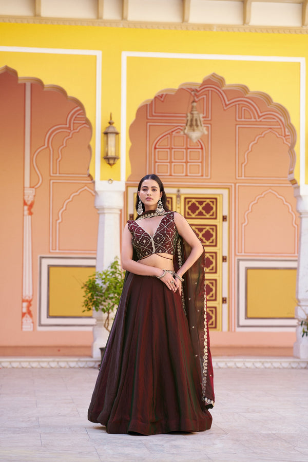 Deep Wine Sequin Embroidered Fendi Silk Lehenga Choli Set