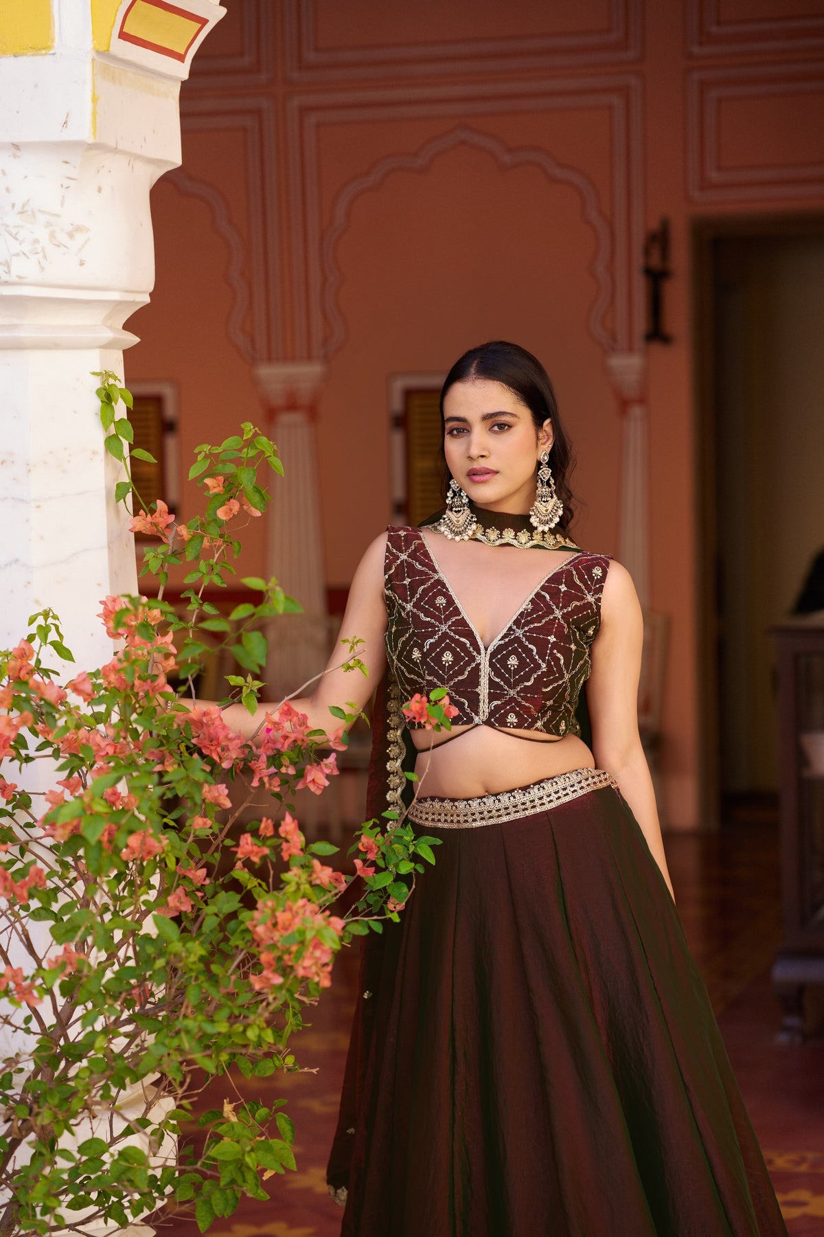 Deep Wine Sequin Embroidered Fendi Silk Lehenga Choli Set