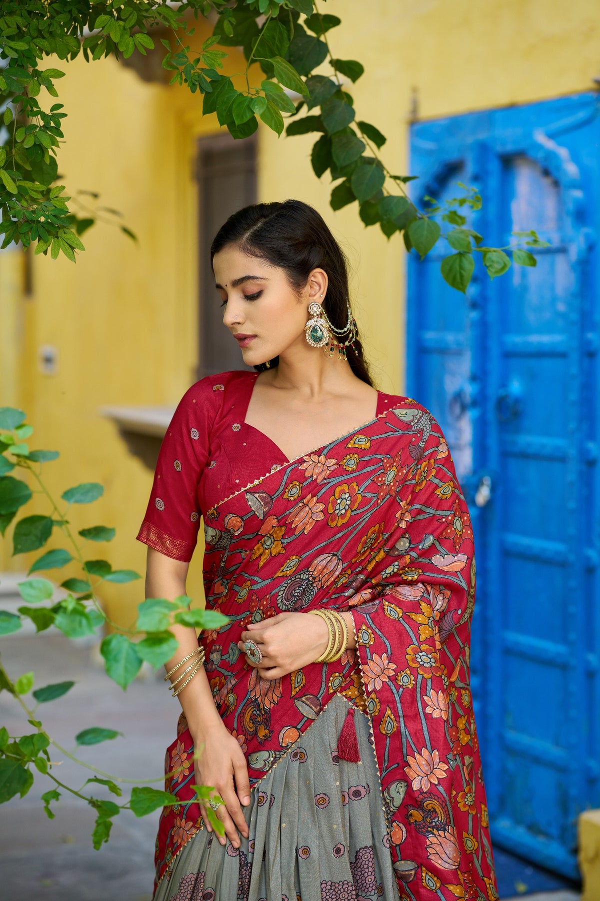 Grey Kalamkari Printed Tasar Silk Lehenga Choli Set with Tassel Dupatta