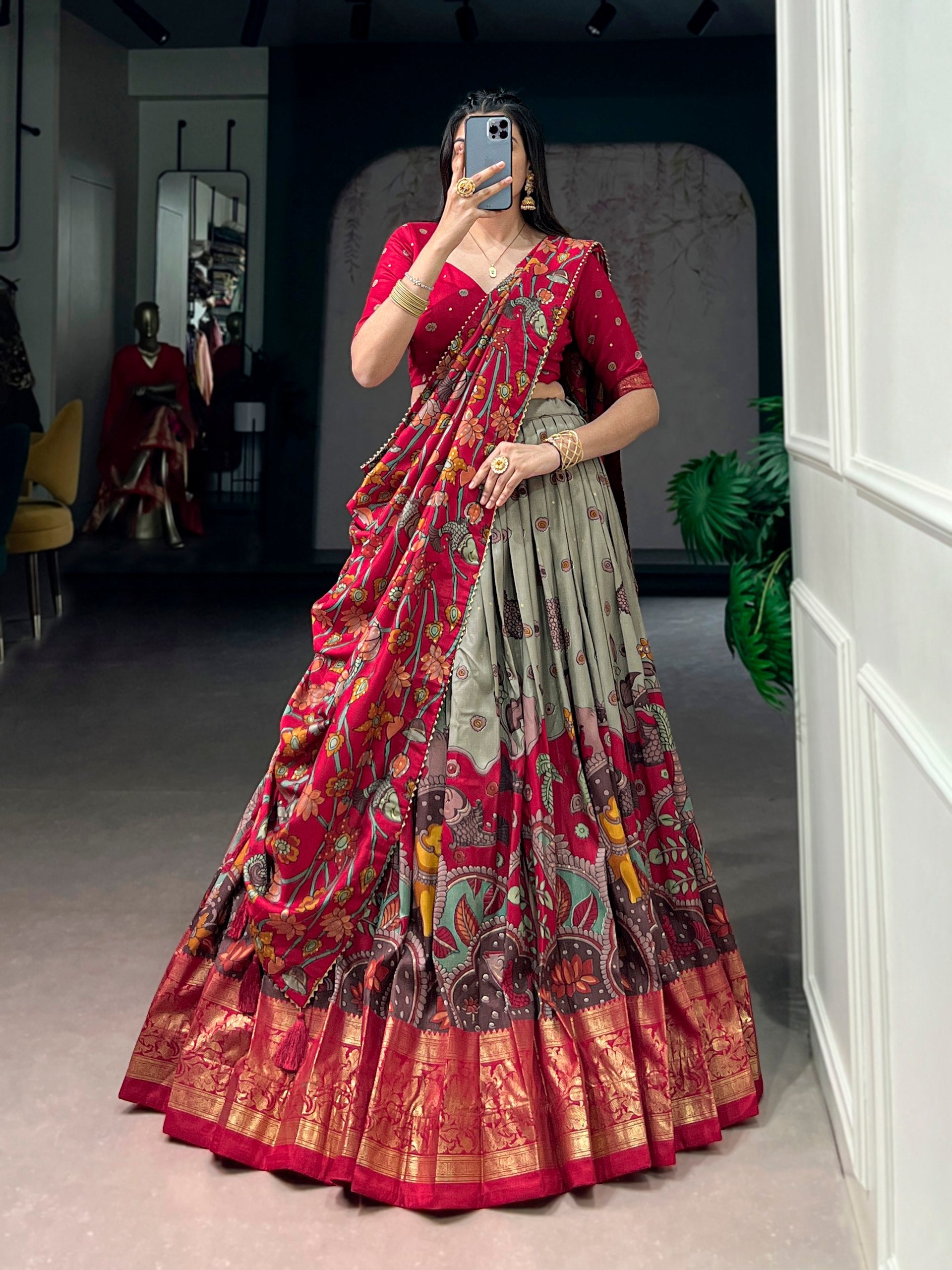 Grey Kalamkari Printed Silk Lehenga Choli Set with Tassel Dupatta