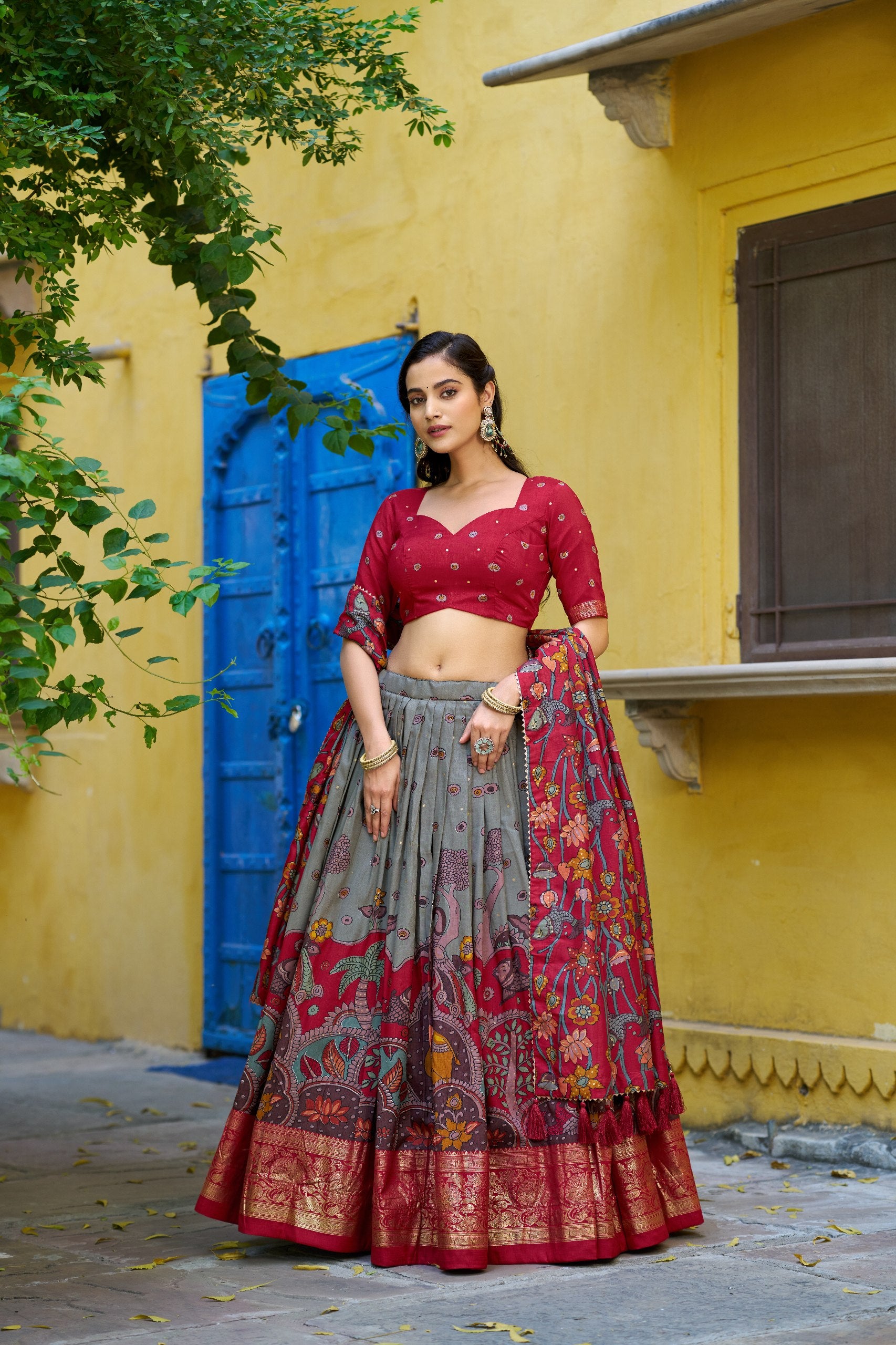 Grey Kalamkari Printed Tasar Silk Lehenga Choli Set with Tassel Dupatta
