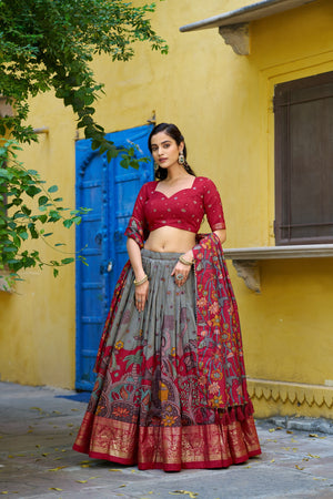 Grey Kalamkari Printed Tasar Silk Lehenga Choli Set with Tassel Dupatta