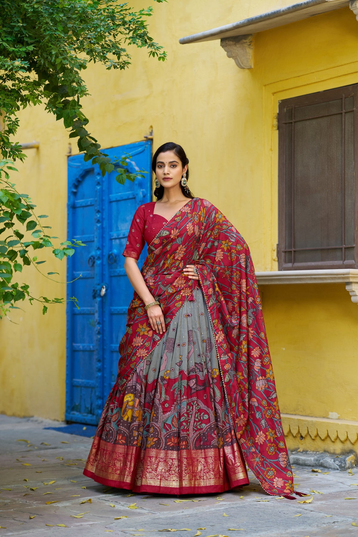 Grey Kalamkari Printed Tasar Silk Lehenga Choli Set with Tassel Dupatta
