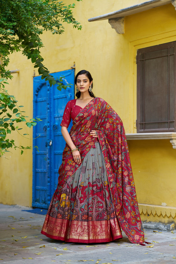 Grey Kalamkari Printed Tasar Silk Lehenga Choli Set with Tassel Dupatta
