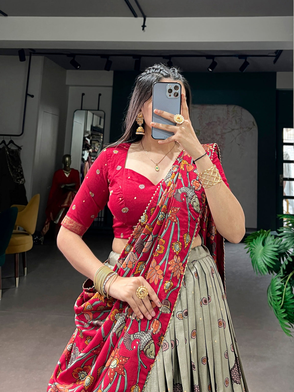 Grey Kalamkari Printed Silk Lehenga Choli Set with Tassel Dupatta