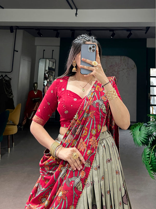 Grey Kalamkari Printed Silk Lehenga Choli Set with Tassel Dupatta