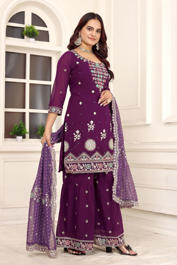 Glamorous Wine Sequins Sharara Suit