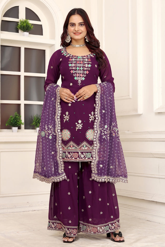 Glamorous Wine Sequins Sharara Suit