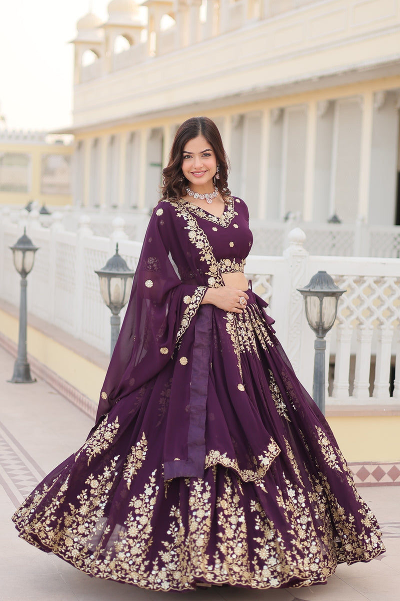 Wine Embroidered Georgette Lehenga Choli