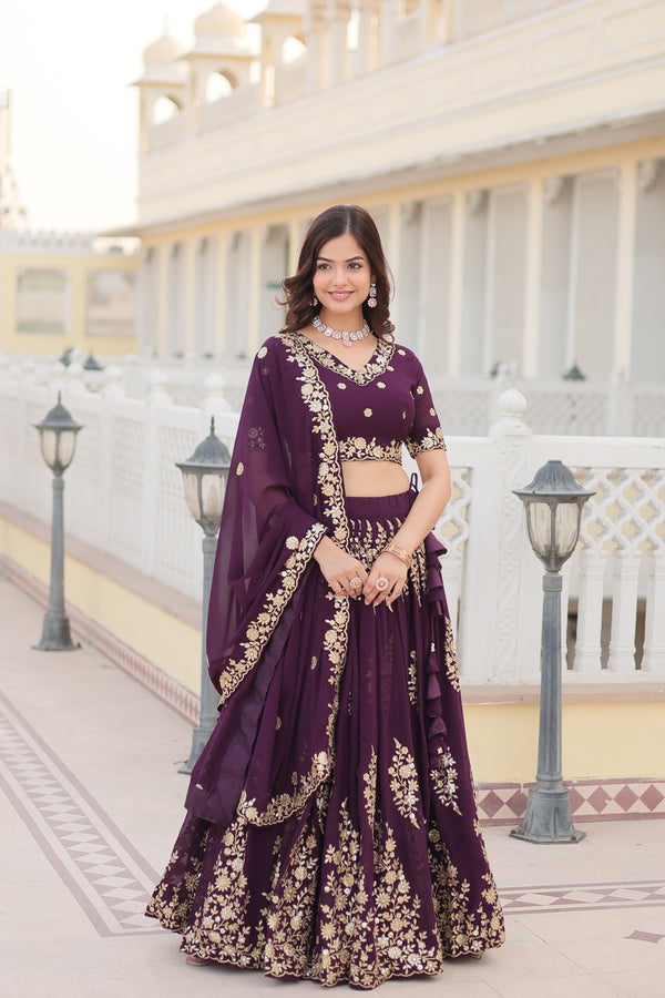 Wine Embroidered Georgette Lehenga Choli