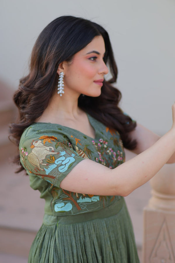 Silver Crunchy Fabric Gown with Embroidered Koti