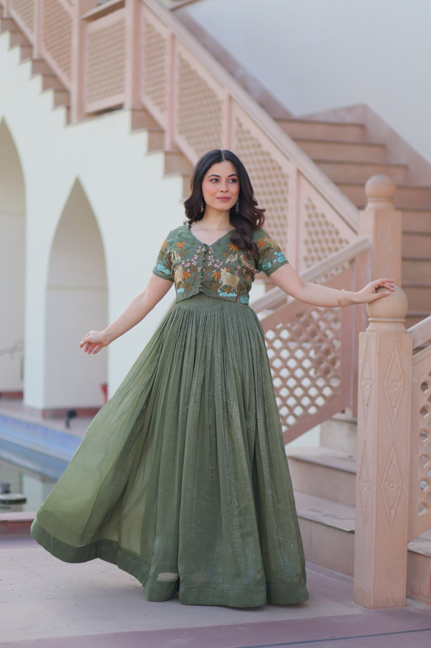 Silver Crunchy Fabric Gown with Embroidered Koti