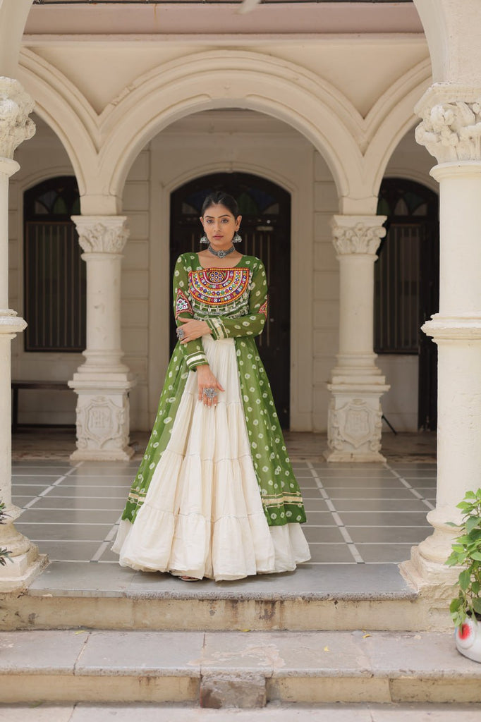 Designer Kora Cotton Lehenga with Bandhani Print Faux Georgette Kurti