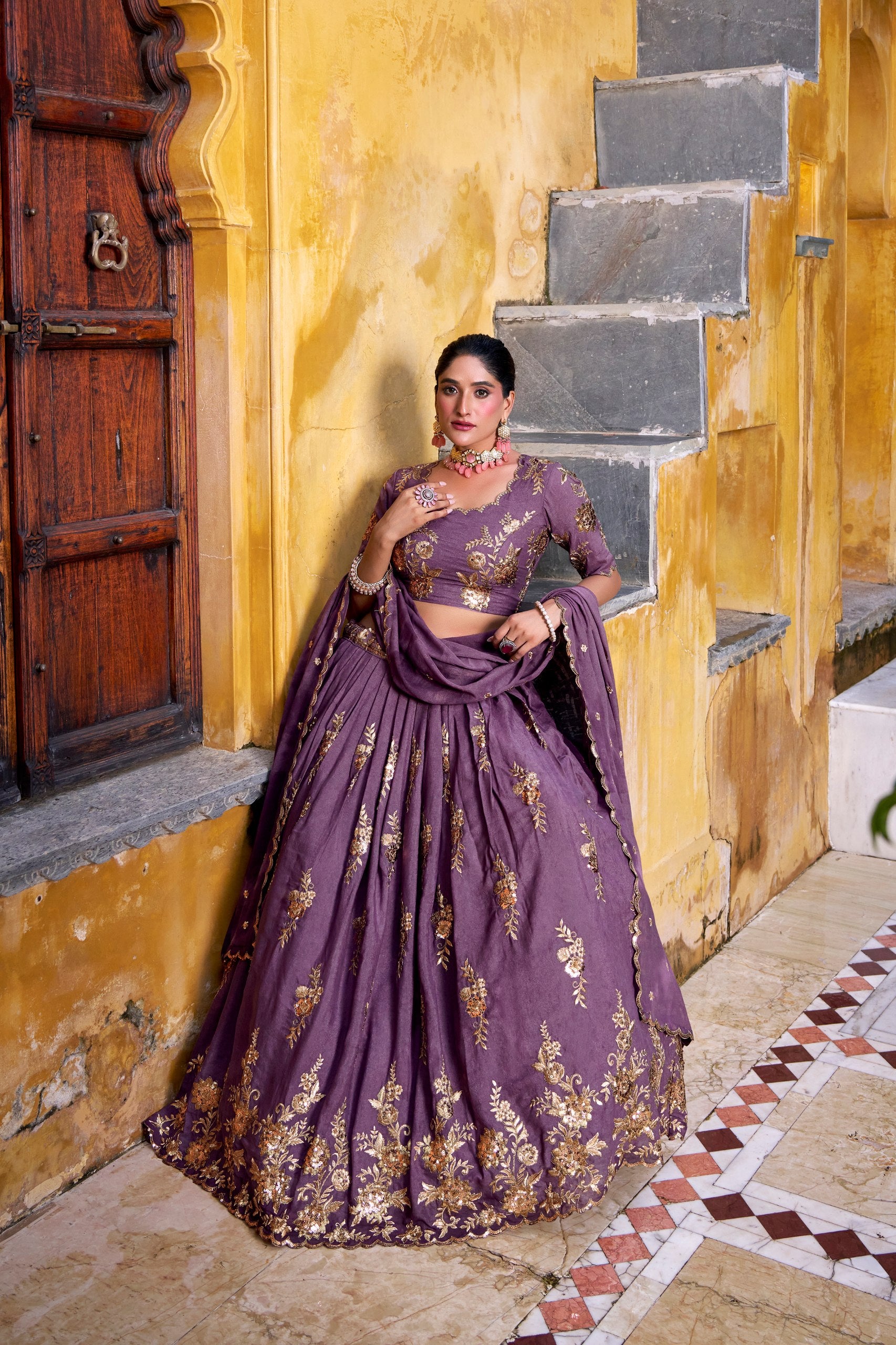 Mauve Gold Floral Embroidered Chocolate Crush Lehenga Choli Set