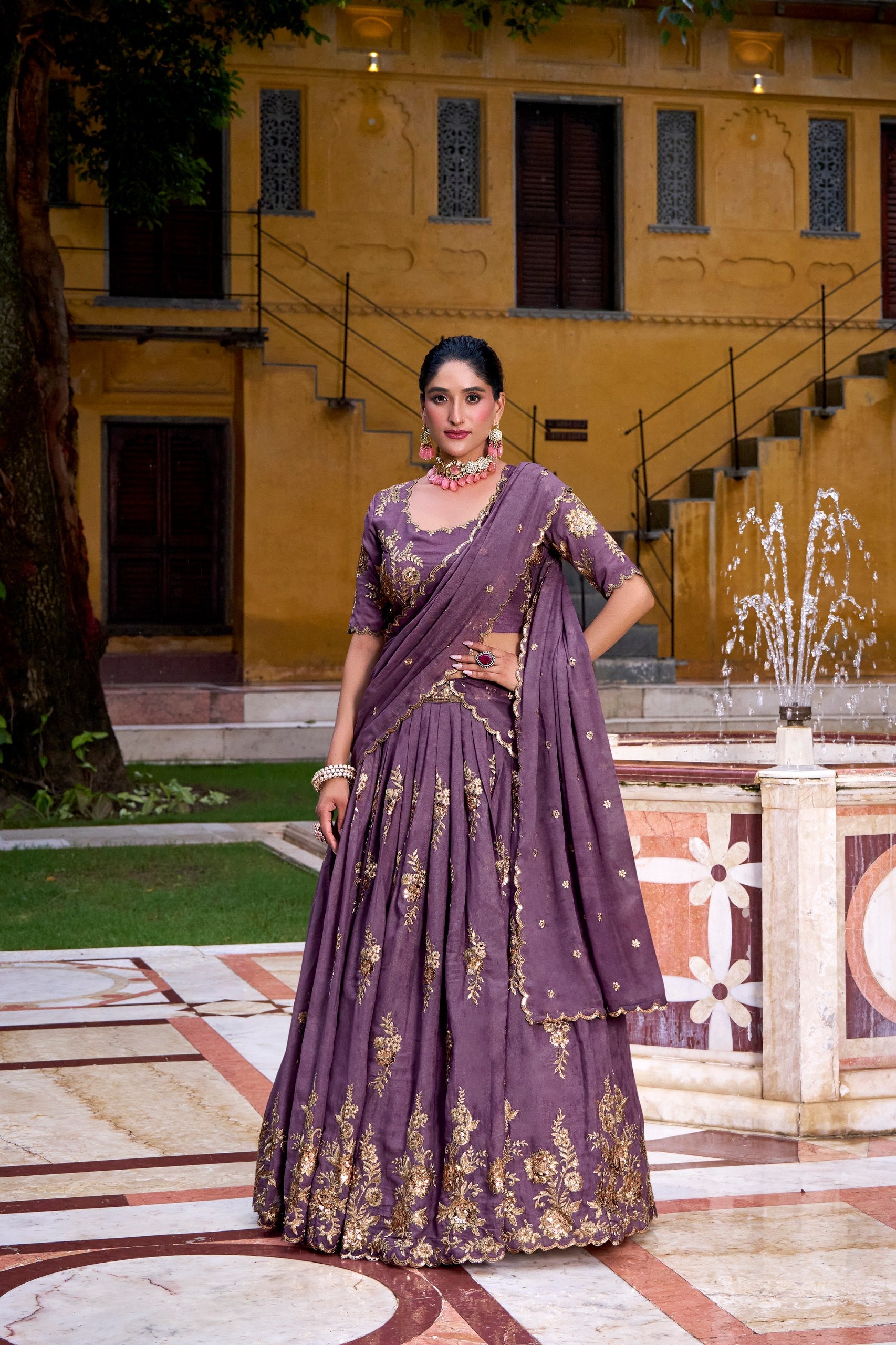 Mauve Gold Floral Embroidered Chocolate Crush Lehenga Choli Set