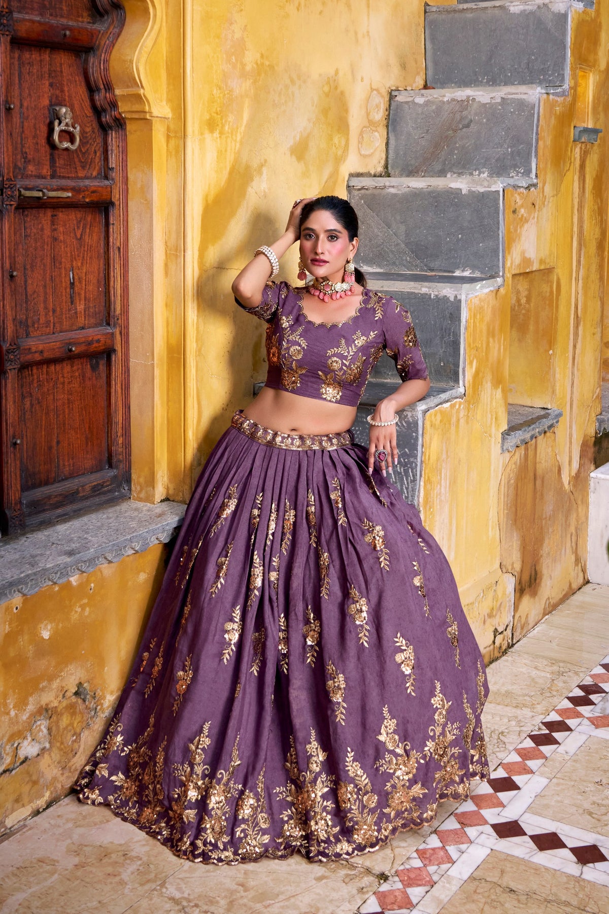 Mauve Gold Floral Embroidered Chocolate Crush Lehenga Choli Set