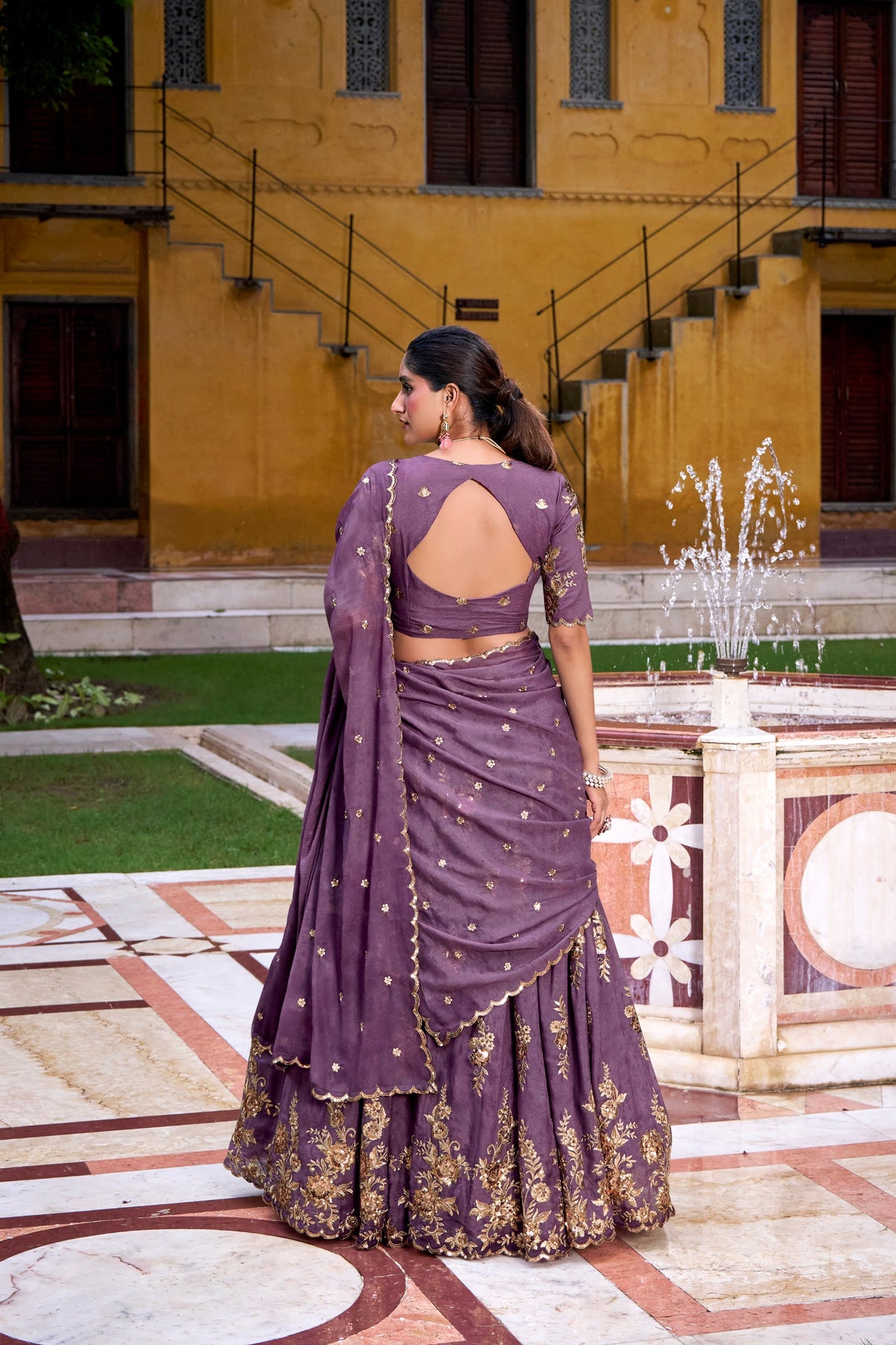 Mauve Gold Floral Embroidered Chocolate Crush Lehenga Choli Set